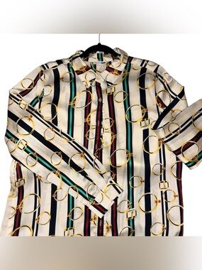 Fashion Nova Cream Striped Button-Down Shirt with Gold Chain Print